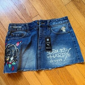 Ed Hardy Panther Dagger Denim Mini Skirt Small NWT